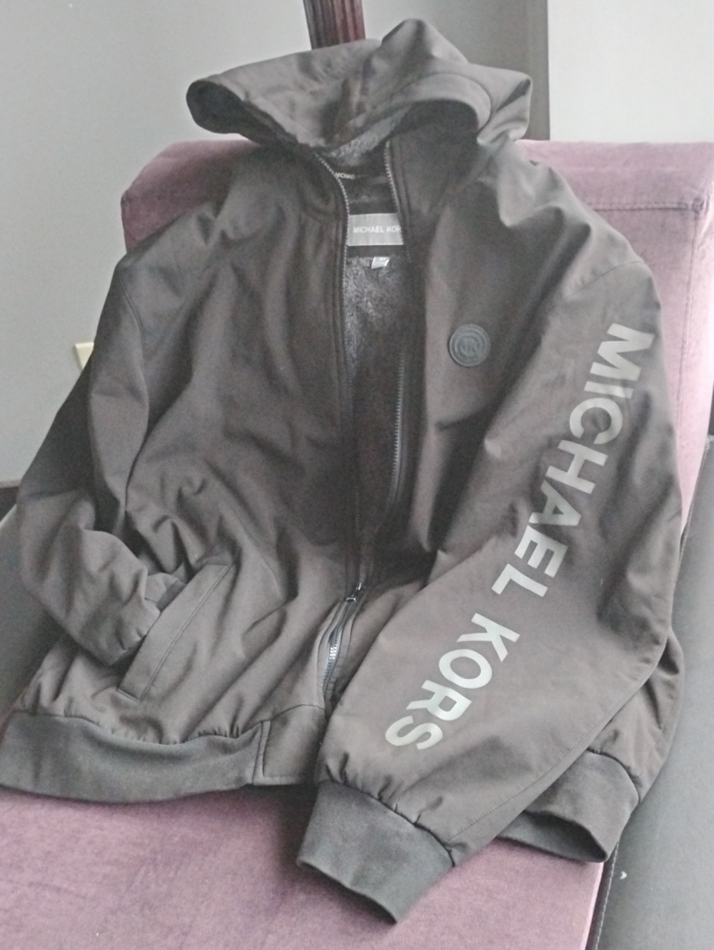 Michael Kors Men's Black Hooded Windbreaker with Sleeve Logo